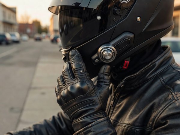 Parked motorcycle rider wearing leather gauntlet glove resting near helmet communicator rotary jog wheel
